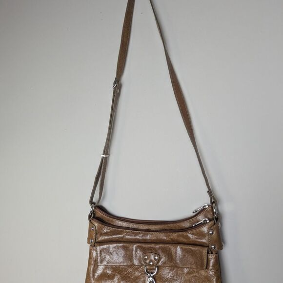 90s Leather Shoulder Bag, Shiny Light Brown Tan, The Trend Italy, Multiple Zippe - Picture 2 of 12